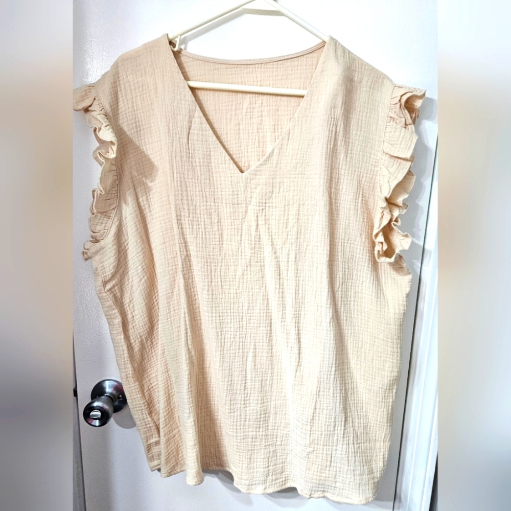 women's cream short Sleeve Sleeveless vintage ruffled top 2XL
